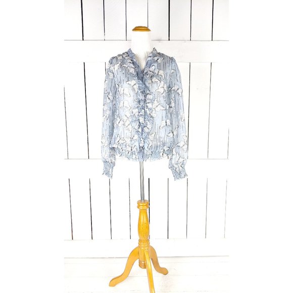 Blue white butterfly sheer billowy ruffle long sleeve blouse - Picture 1 of 5
